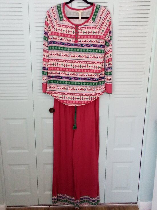 MATILDA JANE S CHRISTMAS PAJAMA SET SNOW FLAKES REINDEERS TREES STRIPED HENLEY - Picture 1 of 10